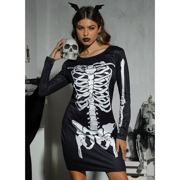 Women's Halloween Costume Skeleton Funny Long Sleeve Midi Skeleton Dresses - Picture 7 of 8